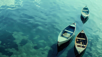 Obraz premium Three boats on calm teal water peaceful summer serenity nature scene