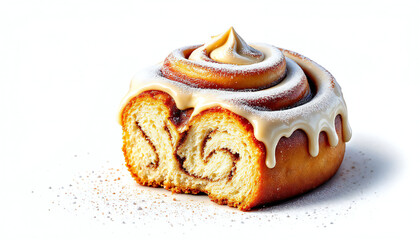 A mouthwatering cinnamon roll, inviting with its warm, cinnamony scent and a delightful layer of sweet frosting. Capturing the essence of comfort food and bakery delights.