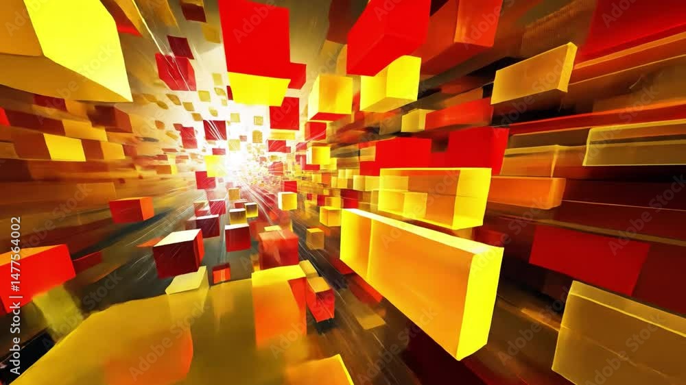 Poster colorful abstract cubes dynamic movement and depth with vibrant reds and yellows, evoking energy and