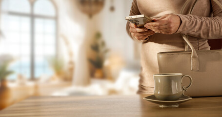 Woman Checking Phone Before Leaving – Morning Routine with Handbag and Coffee. Using Smartphone Before Going Out – Daily Lifestyle Scene.