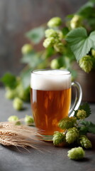 Traditional beer mug with hops and wheat in background, brewing concept banner