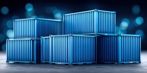 Obraz premium Stacked blue shipping containers creating an industrial aesthetic against a blurred bokeh background emphasizing logistics transportation and supply chain efficiency in a modern setting