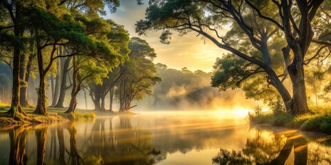 Serene sunrise over a tranquil lake, majestic trees framing the golden light, mist rising from the water, creating a breathtaking natural scene of peace and tranquility