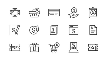 Discount line icons set. Shopping, offer, price, off, tag, buy, shop, e-commerce, business, and online shopping outline linear icon collection. Vector thin icon pack