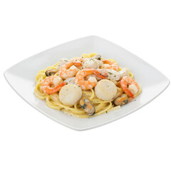 Delicious seafood pasta dish featuring shrimp and scallops on a white plate