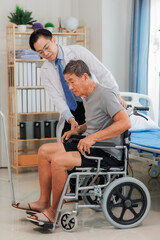 Senior or adult patient in a wheelchair receiving rehab and daily living advice from a medical professional, emphasizing care, mobility, and recovery.