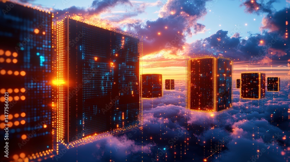 Poster digital data blocks float above the clouds against a vibrant sunset, representing network connectivi