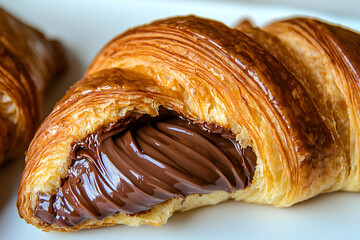 Indulgent croissant with golden brown flaky crust and luscious chocolate filling perfect for breakfast a warm inviting baked good in close up food photography

