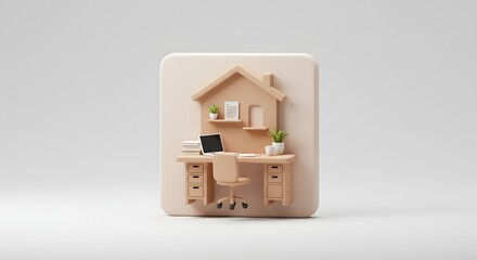 Fototapeta premium Desk with Laptop and House Icon Depicting Remote Work