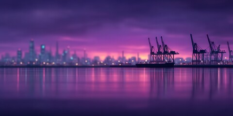 Obraz premium City skyline illuminated by vibrant lights reflecting in calm waters alongside industrial shipping cranes at dusk creating a captivating urban landscape captured with clarity