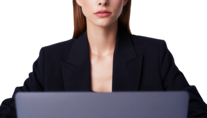 Confident businesswoman in a black blazer working on a laptop, focused on professional tasks, isolated on transparent background, corporate work, modern business technology