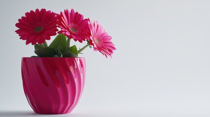 Balanced photo of red flower pot and blooming flowers against seamless white background with sharp focus