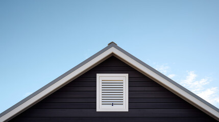 Minimalist dark wood gable with white louvered vent against pale blue sky, strong geometric lines and Father's Day tie silhouette shadow for architectural design concepts.