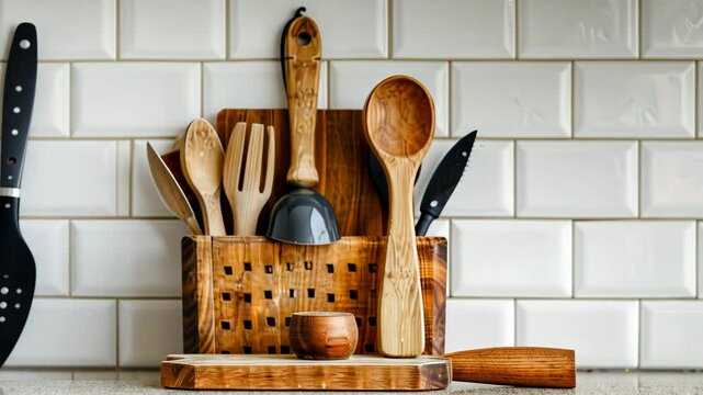 A collection of wooden kitchen tools and utensils arranged neatly in a rustic holder, complementing a clean white tiled backdrop