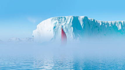 Under the fog an iceberg floats on the water in the foreground a yacht with red sails is sailing - Greenland