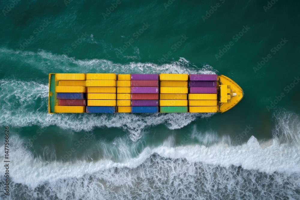 Poster aerial view of a freight ship traversing ocean waves displaying vibrant containers in various colors