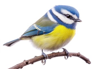 Obraz premium A cheerful blue tit with vibrant yellow and blue feathers, perched on a twig, isolated on a white background