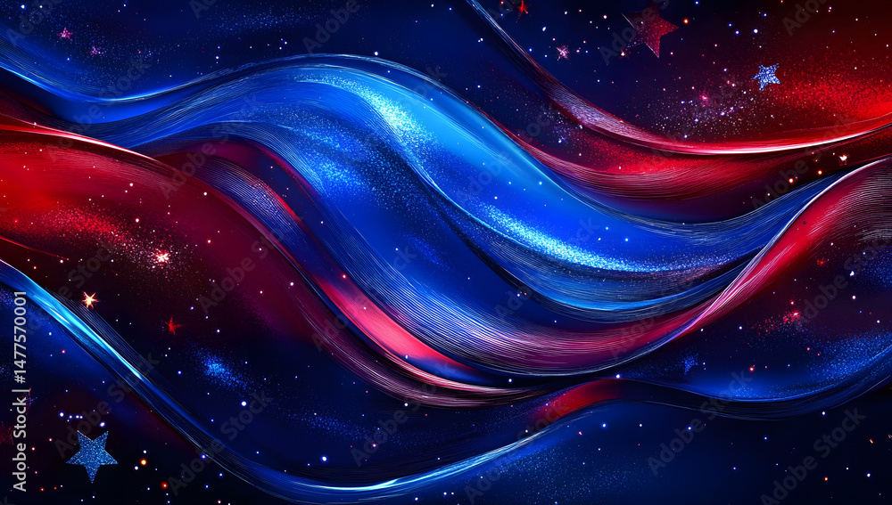 Poster vibrant abstract background featuring dynamic red and blue waves with glowing stars, creating a sens