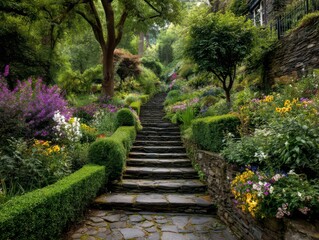 Obraz premium Colorful Garden Staircase Surrounded by Lush Greenery and Flowers