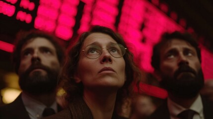 Group of traders focusing intently on red stock tickers in a bustling financial environment, capturing the essence of market volatility and emotional investment