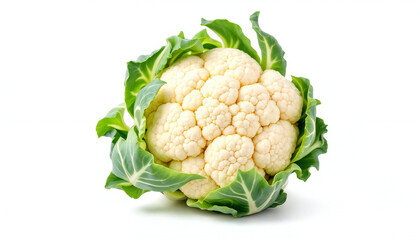 A pristine cauliflower with its creamy white florets and verdant green leaves, captured in a clean and vibrant setting.