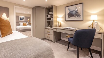Fototapeta premium Modern bedroom with integrated workspace, featuring a desk, chair, and built-in storage, connected to a relaxing sleeping area.
