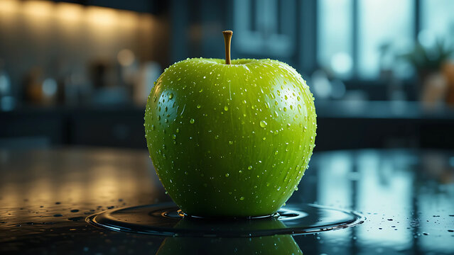 Closeup of a Green Apple Covered in Water Droplets on a Dark Surface ..