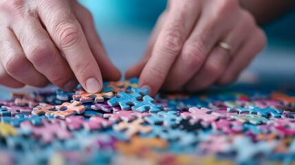Hands assembling a colorful puzzle with focus and