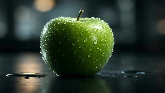 Closeup of a Green Apple Covered in Water Droplets on it on a Dark Surface