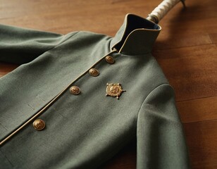 Naklejka premium A vintage military jacket with ornate buttons and a ceremonial sword displayed alongside it.