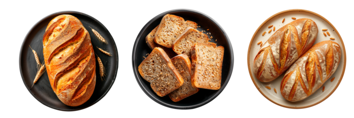 Set of different French bread loaves and slices, isolated on a transparent background. Country bread, multigrain bread, artisan rustic baguettes with crusty texture and grains, food design element.