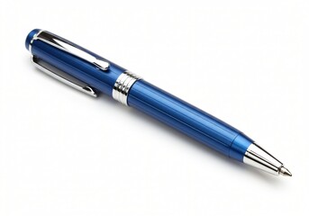 A detailed macro shot of a premium blue metal pen with chrome accents, lying horizontally on a pure white surface.