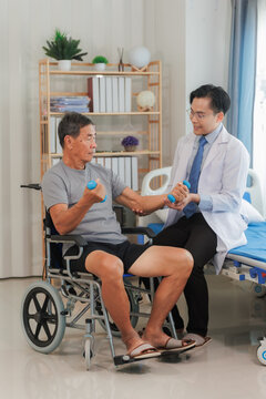 Patient with weak arm muscles doing light dumbbell exercises during physical therapy to regain strength and support physical recovery.
