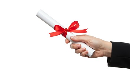 Holding graduation diploma with red ribbon signifying academic achievement and success