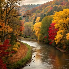 Obraz premium Scenic View Of River Flowing Through Forest In Aut.