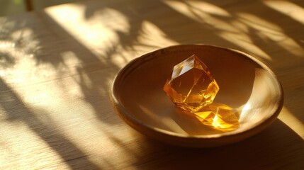 Geometric amber necklace styled on matte ceramic plate with warm-toned shadows and polished surfaces