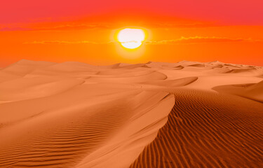 Sand dunes in the Sahara Desert at amazing sunrise, Merzouga, Morocco - Orange dunes in the desert of Morocco - Sahara desert, Morocco