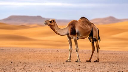 Solitary camel standing in a vast desert landscape