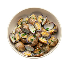 Fototapeta premium A beautifully arranged bowl of fresh clams garnished with herbs, ready for cooking
