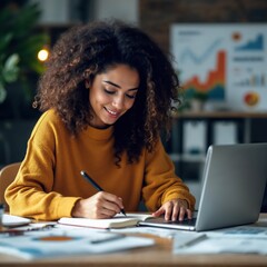 a women sittign on table with a laptop