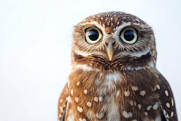 Obraz premium A curious brown owl with intricate feathers and wide eyes, perched calmly against a white surface