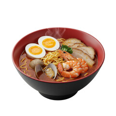 Delicious bowl of ramen with shrimp, eggs, and pork, served in a vibrant setting