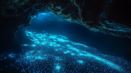 Obraz premium Underwater cave lit by glowing plankton.