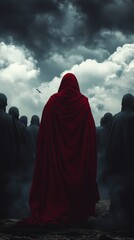 Man with red hood surrounded by men with black hoods, concept of esoteric figure Antichrist with copy space vertically 9:16