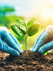 Detailed close-up of hands in blue gloves gently tending to a small, vibrant green seedling in rich soil, symbolizing care, new beginnings, and environmental nurturing