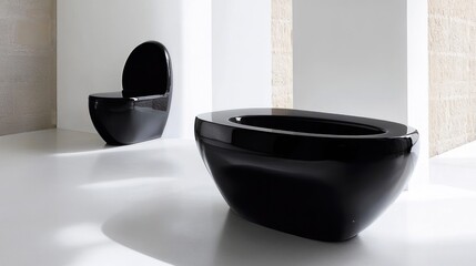 Modern black toilet and bidet in a minimalist bathroom.