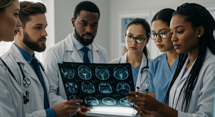 Diverse medical professionals collaborating on the analysis of complex brain scans