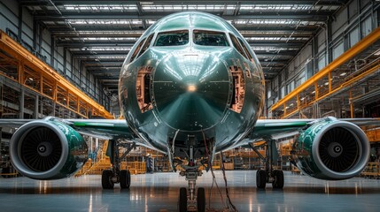 An aircraft is in the process of assembly within a manufacturing facility, showcasing cutting edge engineering. Workers and machinery are present, emphasizing industrial activity and innovation.
