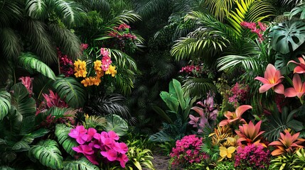 Lush jungle with exotic plants and bright flowers.
