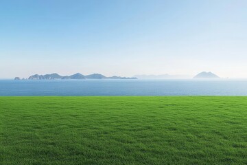 Fototapeta premium Grassy Field Overlooking the Ocean with Distant Islands